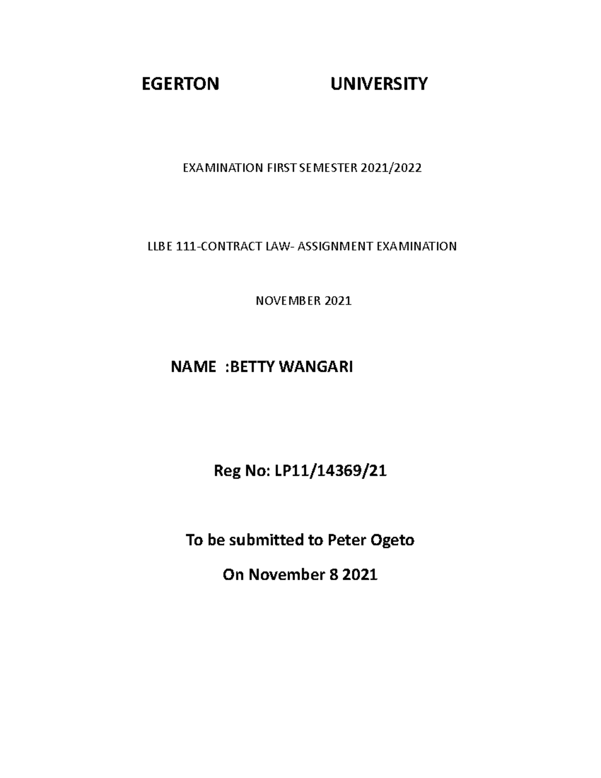 Contract Law Assignment New EGERTON UNIVERSITY EXAMINATION FIRST 