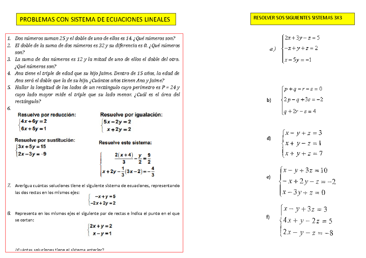 Practica De Sistema De Ecuaciones Lineales Problemas Con Sistema De