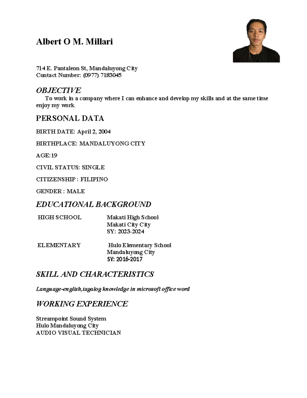 Albert O M Lecture Albert O M. Millari 714 E. Pantaleon St, Mandaluyong City Contact Number