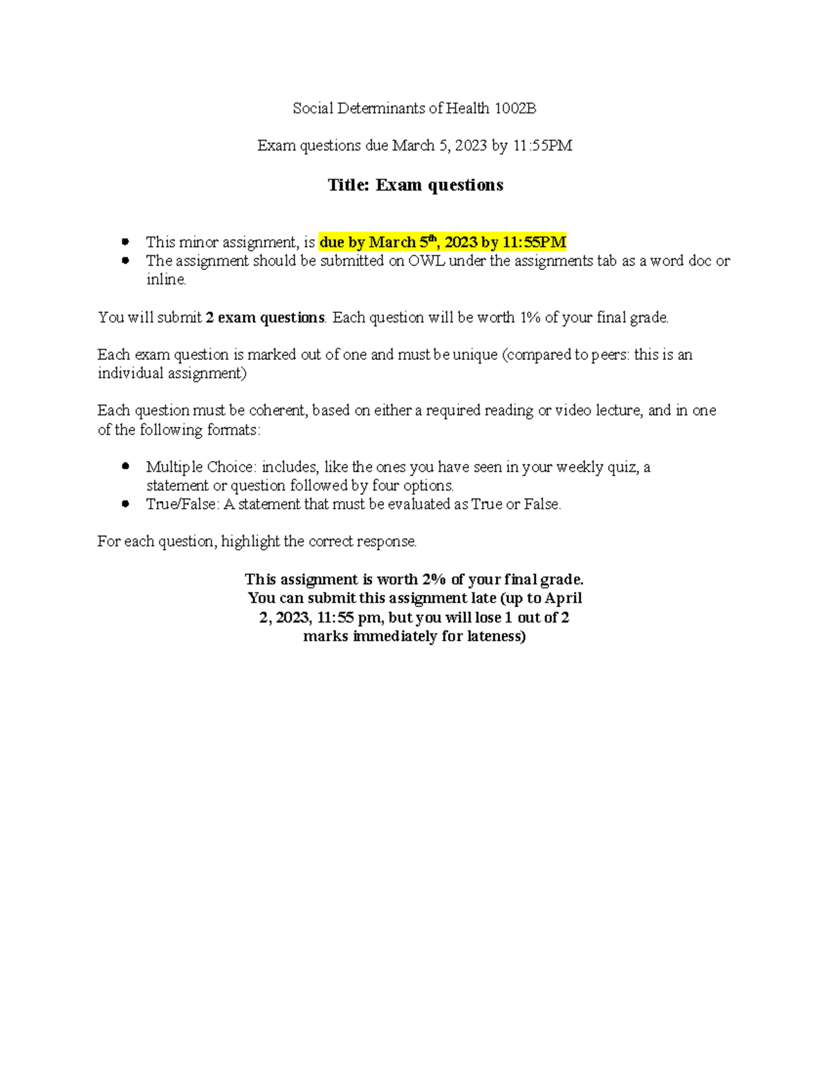 Exam Question Assignment 1002B 2023x - Social Determinants of Health ...