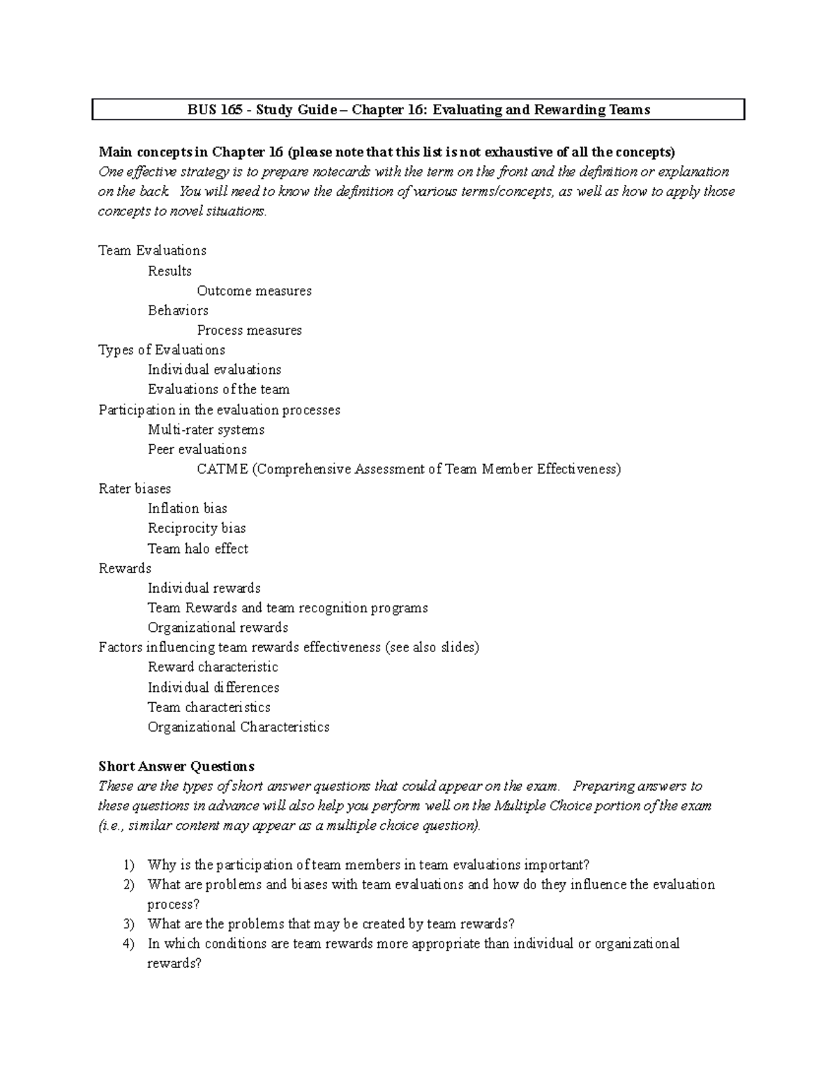 BUS 165 - Study Guide - Chapter 16 - BUS 165 - Study Guide – Chapter 16 ...