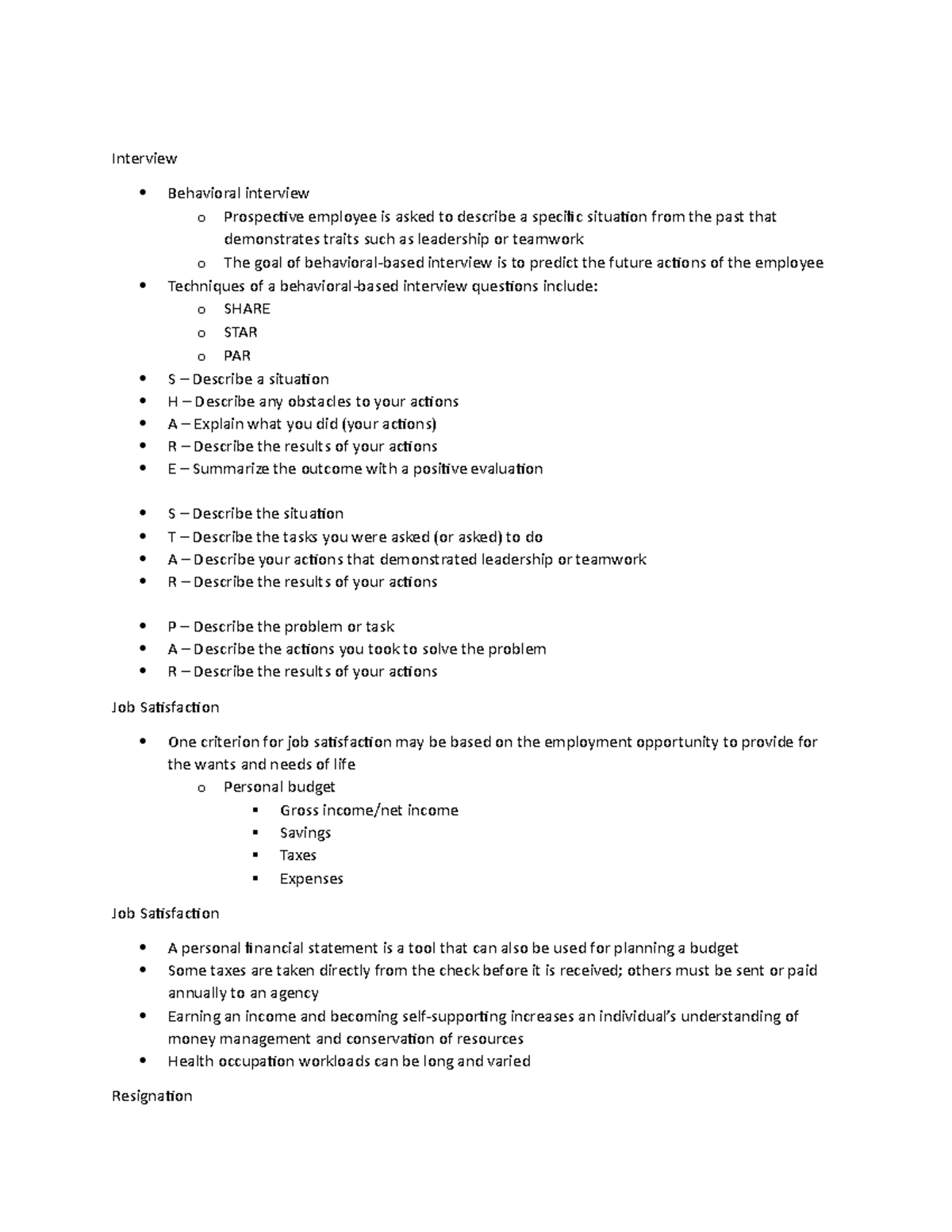 Interview - week two lecture notes - Interview Behavioral interview o ...