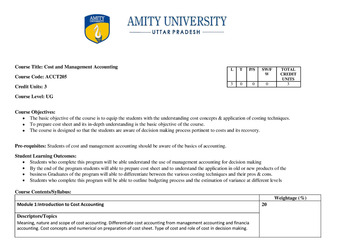 CMA - Course Title: Cost and Management Accounting L T P/S SW/F TOTAL ...