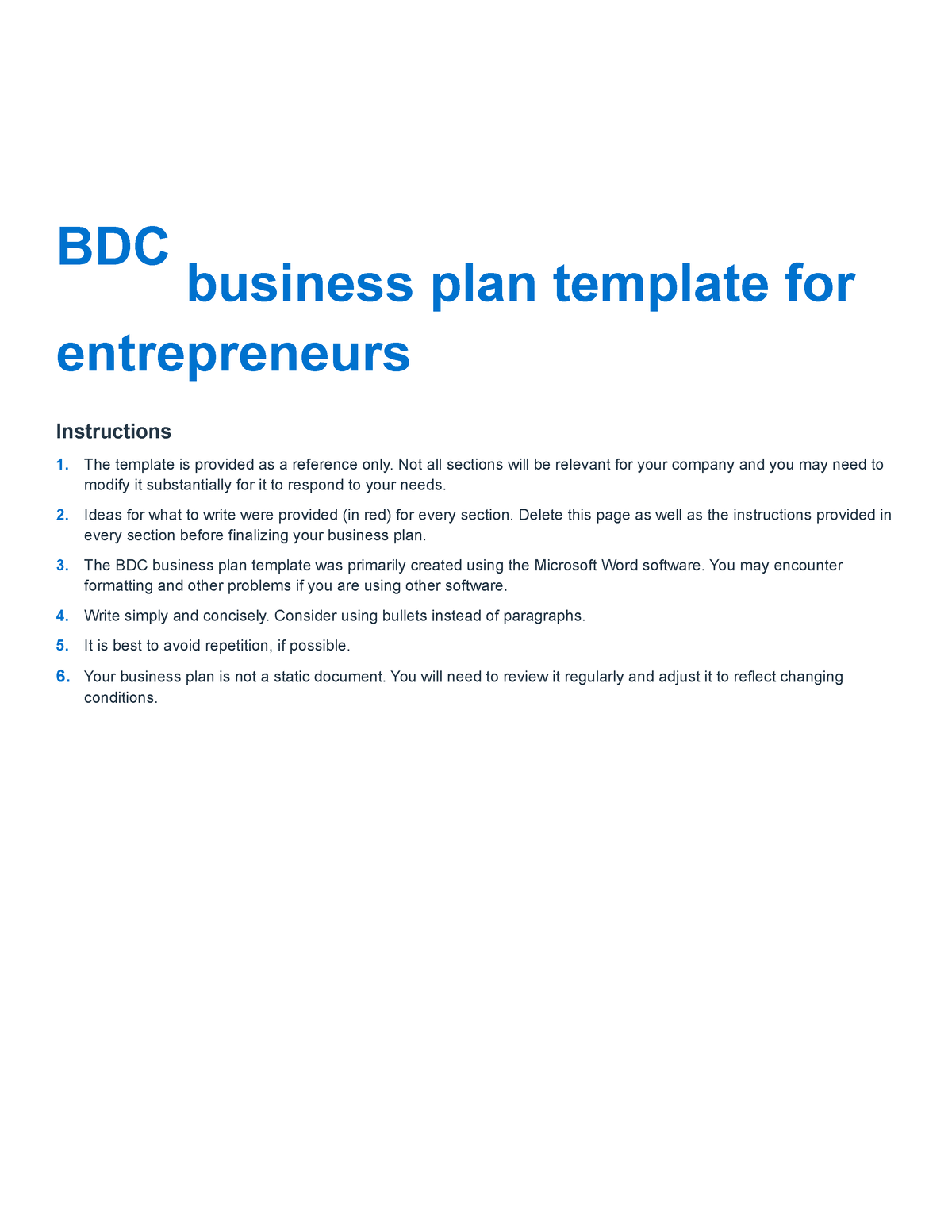 bdc free business plan template