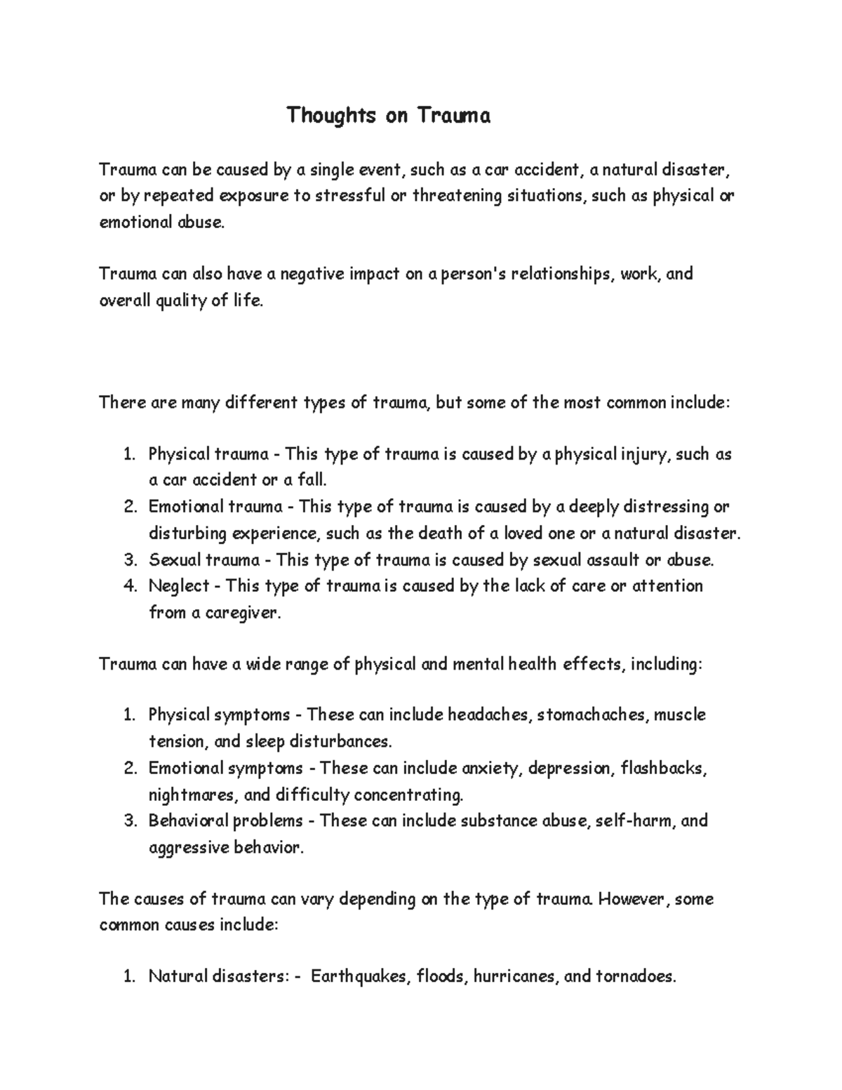 Brief Analysis - Thoughts on Trauma Trauma can be caused by a single ...