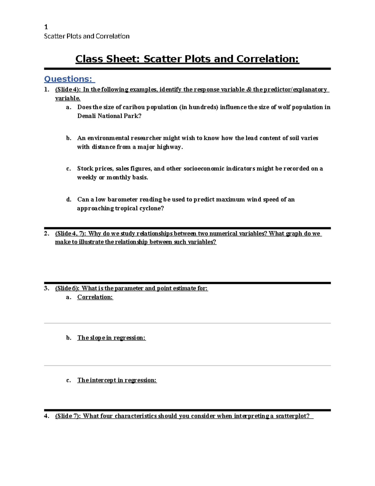 Class Sheet Scatter Plots and Correlation - Scatter Plots and ...