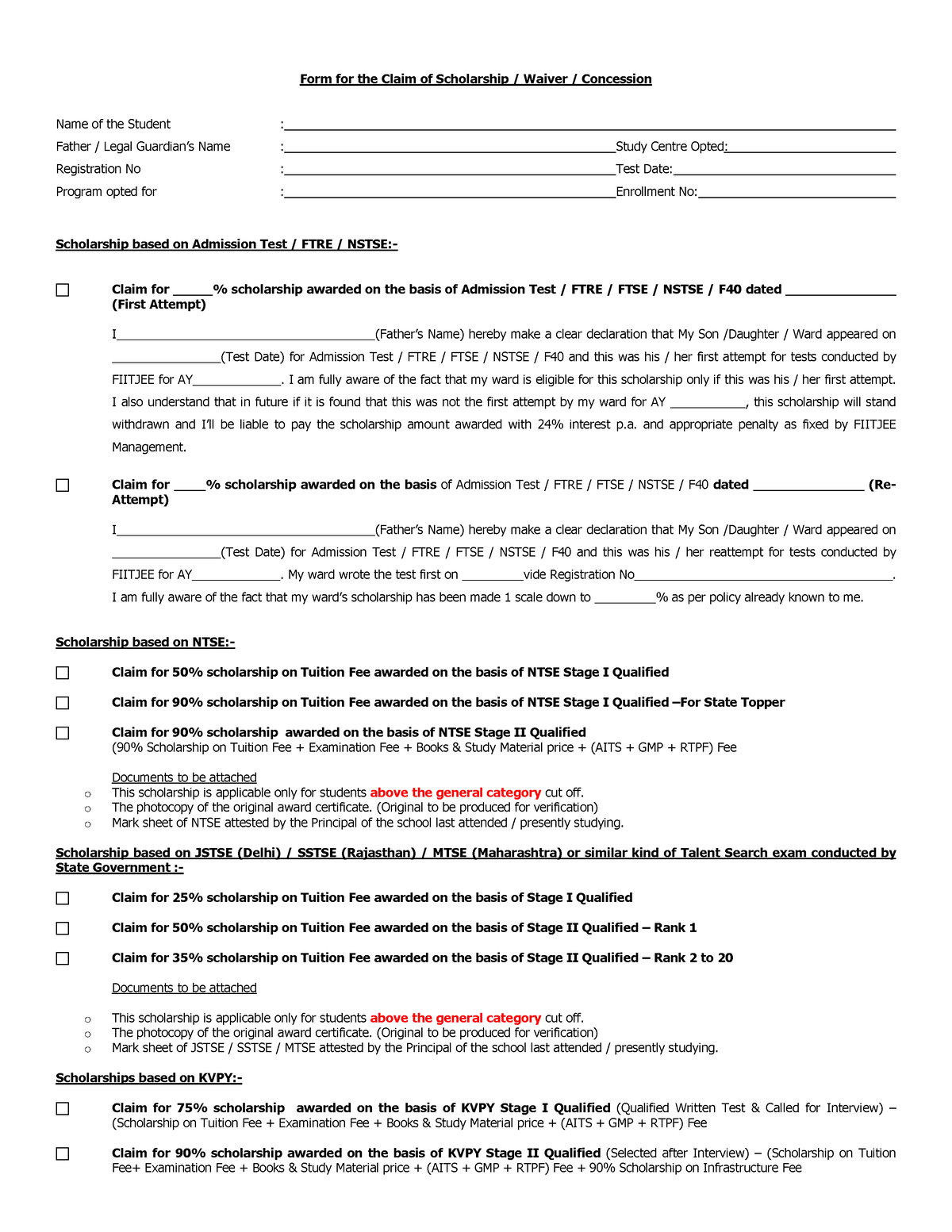 Form for the Claim of Scholarship Waiver Concession - - Studocu