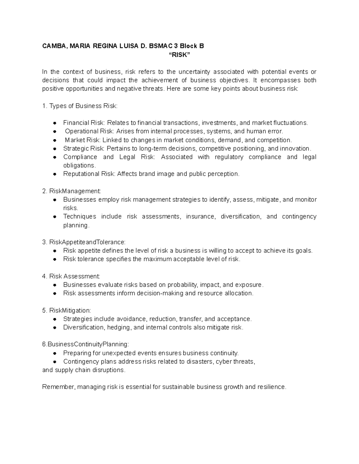 Risk - Notes only - CAMBA, MARIA REGINA LUISA D. BSMAC 3 Block B “RISK ...