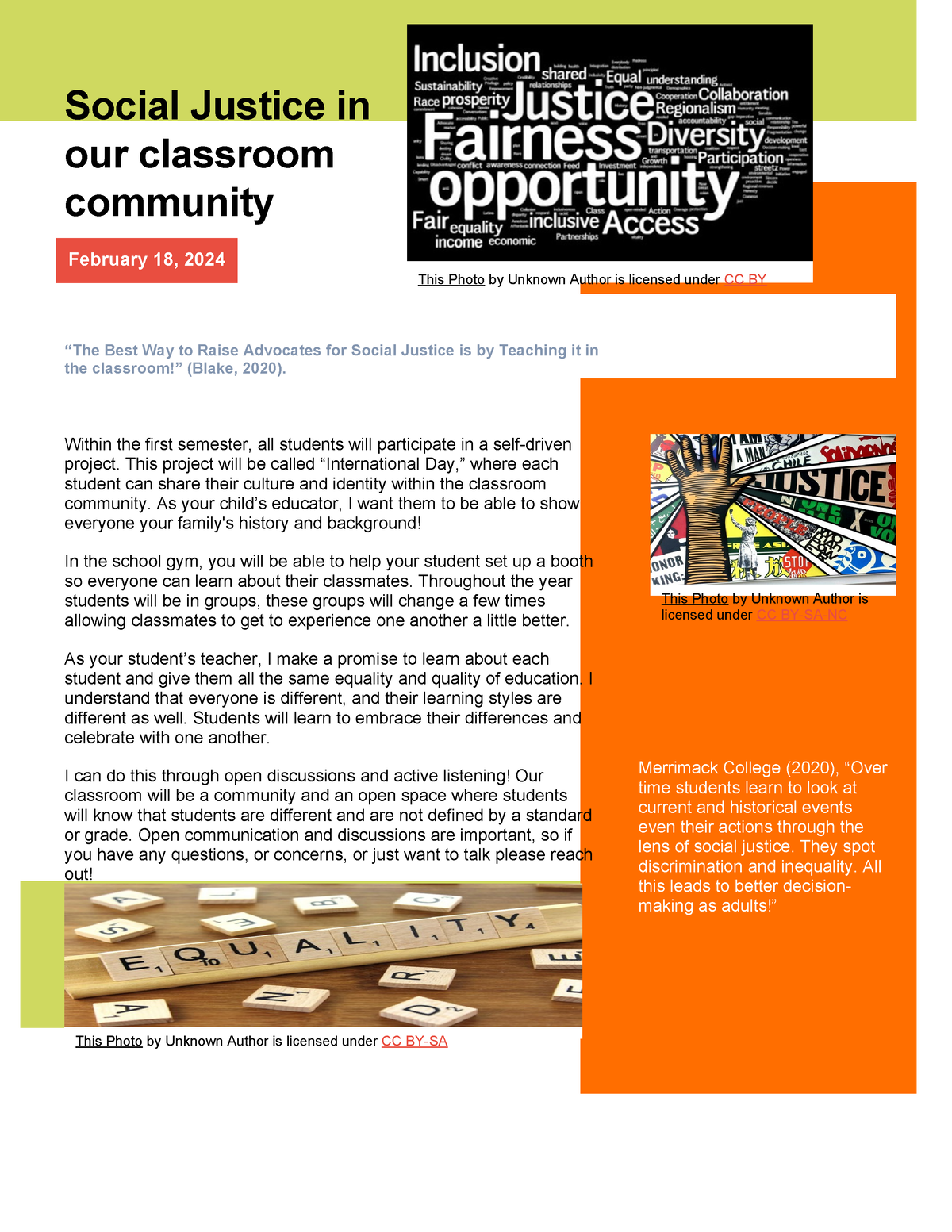 Topic 8 newsletter - Social Justice in our classroom community February ...