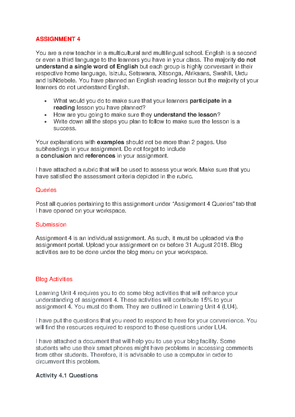 Assignment-4-q - ASSIGNMENT 4 You are a new teacher in a multicultural ...