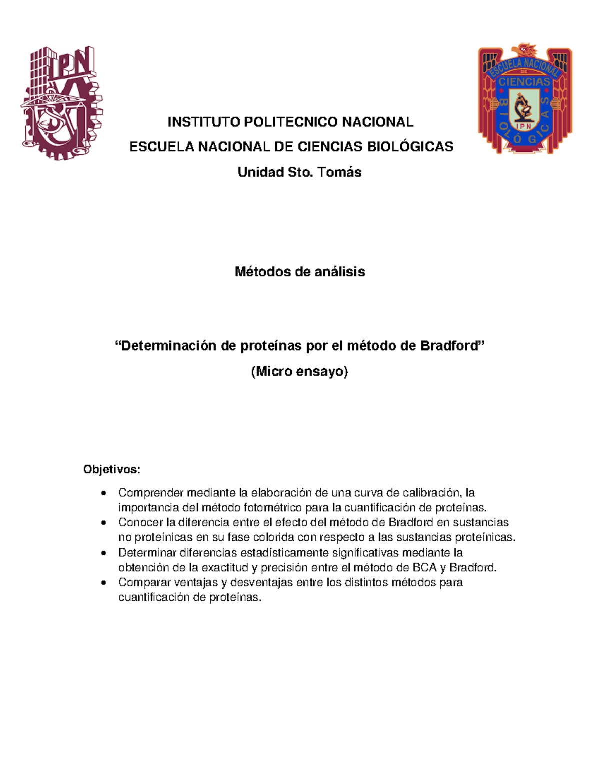 Reporte Determinación De Proteínas Por El Método De Bradford Instituto Politecnico Nacional 2274