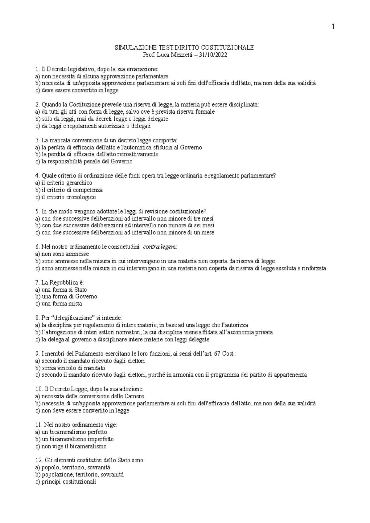 Simulazione D'esame Di Diritto Costituzionale - 1 SIMULAZIONE TEST ...