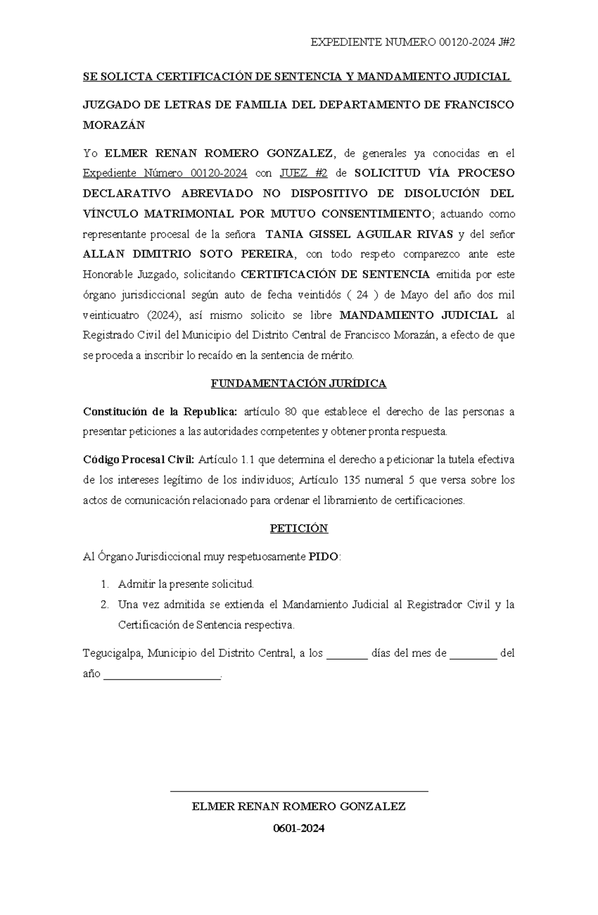 Certificación de Sentencia y Mandamiento Judicial - EXPEDIENTE NUMERO