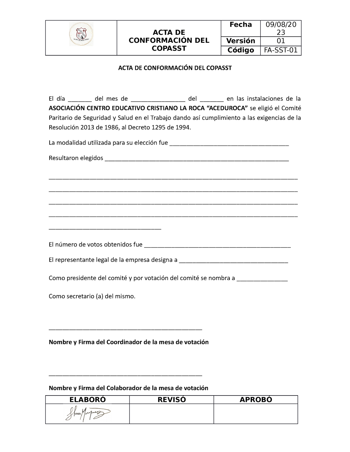 ACTA Conformación DEL Copasst - ACTA DE CONFORMACIÓN DEL COPASST Fecha ...