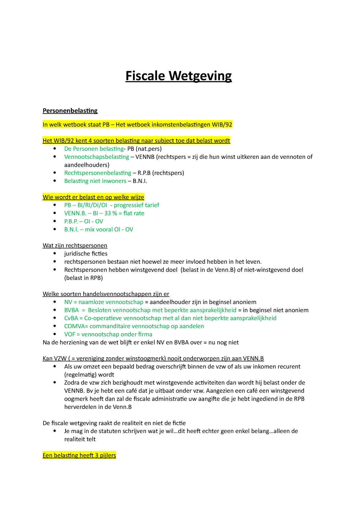 Examen - Fiscale Wetgeving - Fiscale Wetgeving Personenbelasting In ...