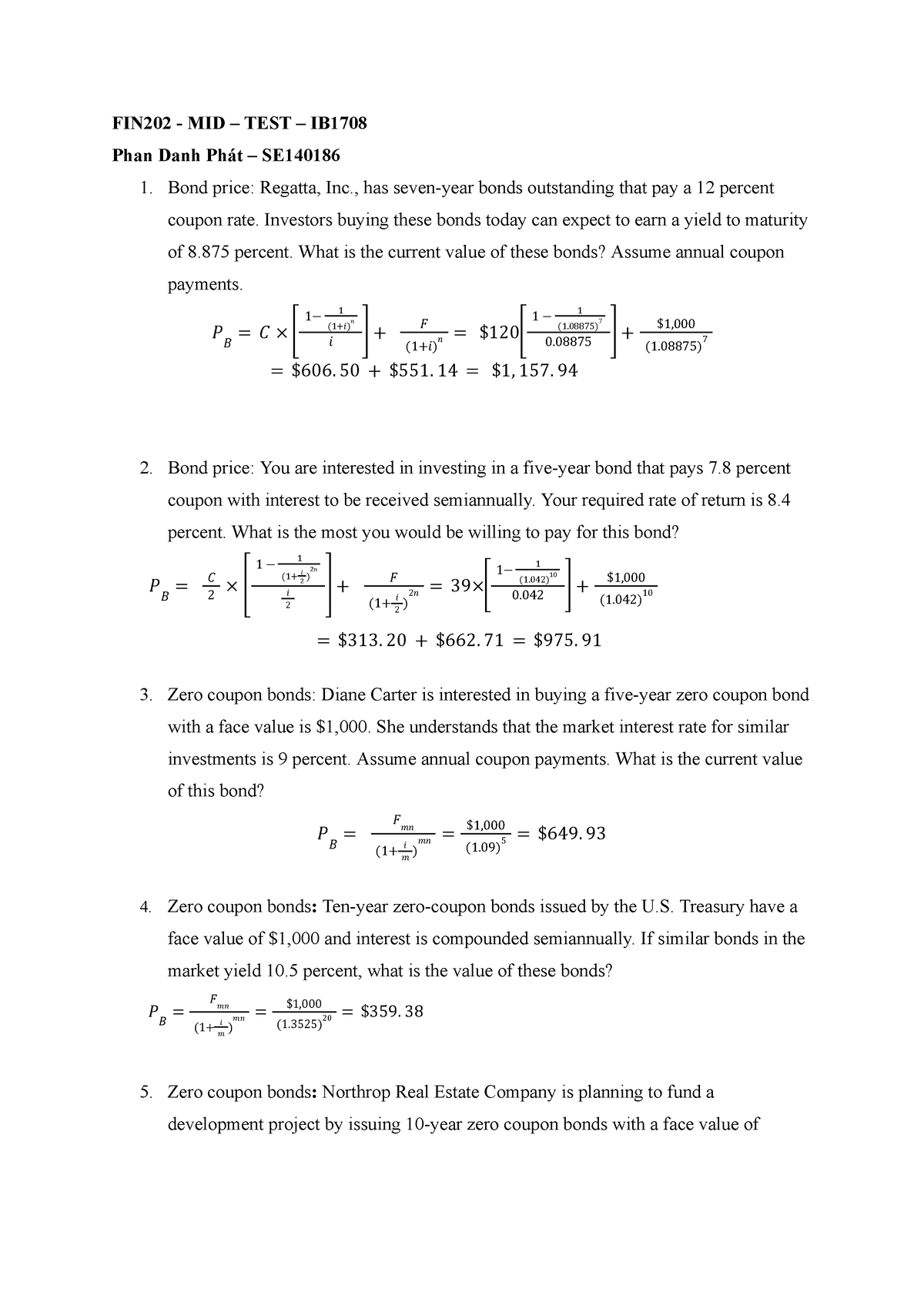 FIN202 - Mid-test - FIN202 - MID – TEST – IB Phan Danh Phát – SE 1 ...