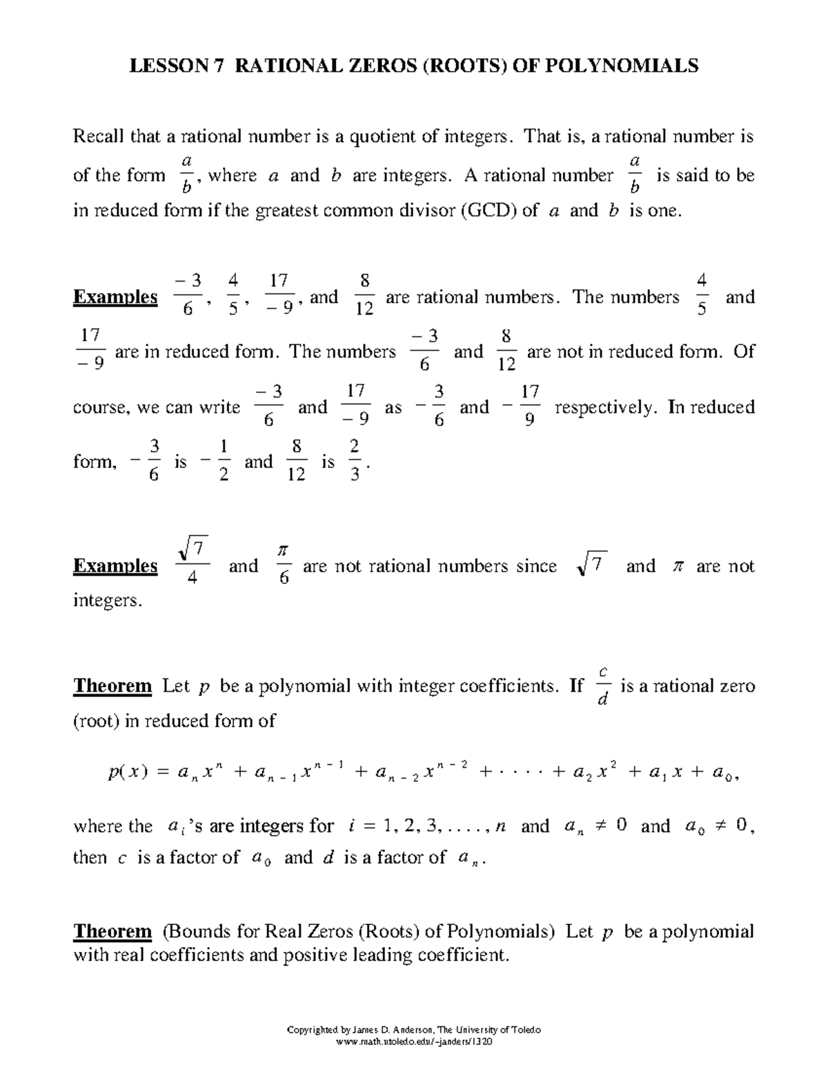 Lesson 7 - notes from lectures - Copyrighted by James D. Anderson, The ...