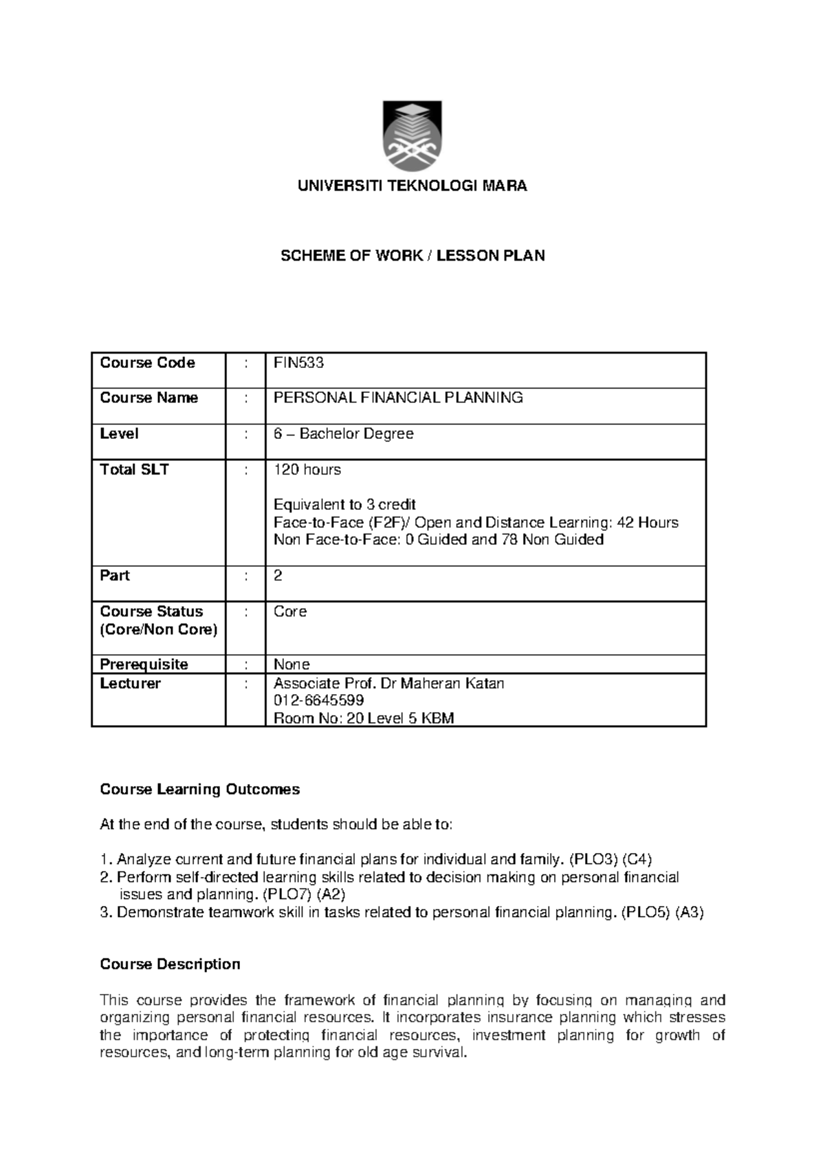 FIN533 Lesson PLAN OCT 2022 TO FEB 2023 - UNIVERSITI TEKNOLOGI MARA ...