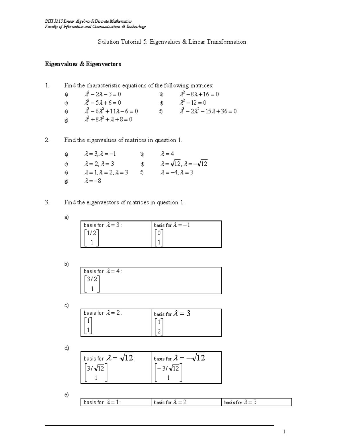 Tutorial 5 Solution - linear algebra and numerical method - Faculty of ...