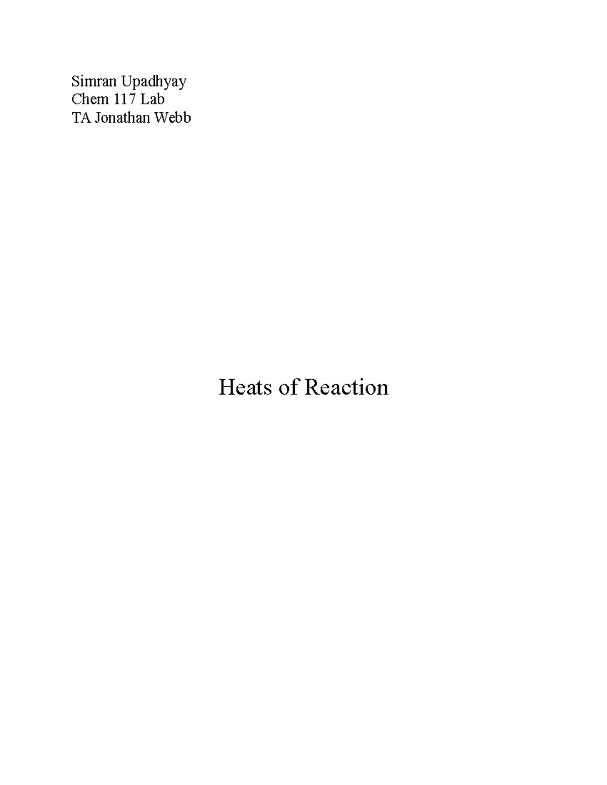 Heats Of Reaction In Chemistry Lab - Studocu