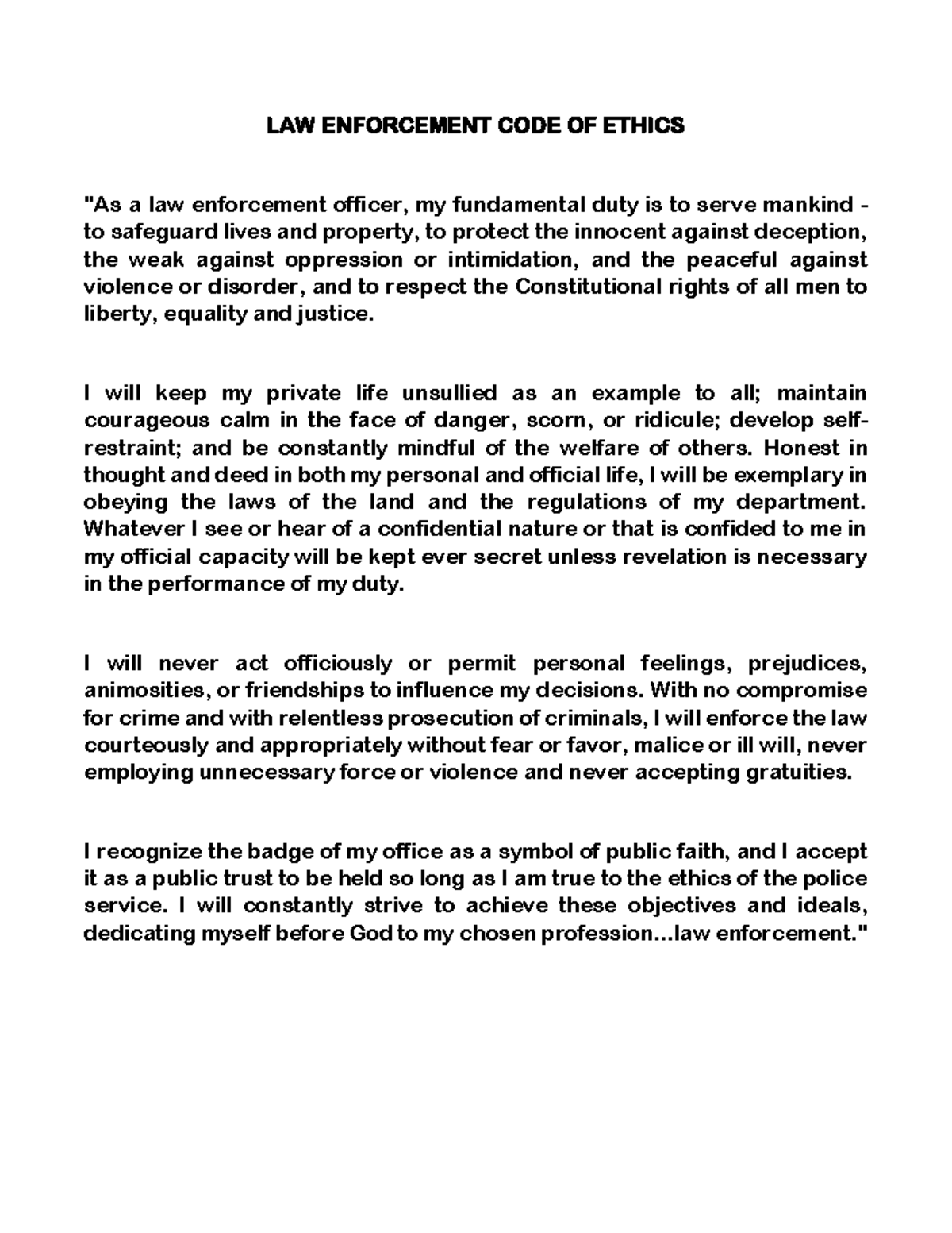 LAW Enforcement CODE OF Ethics printable - LAW ENFORCEMENT CODE OF ...