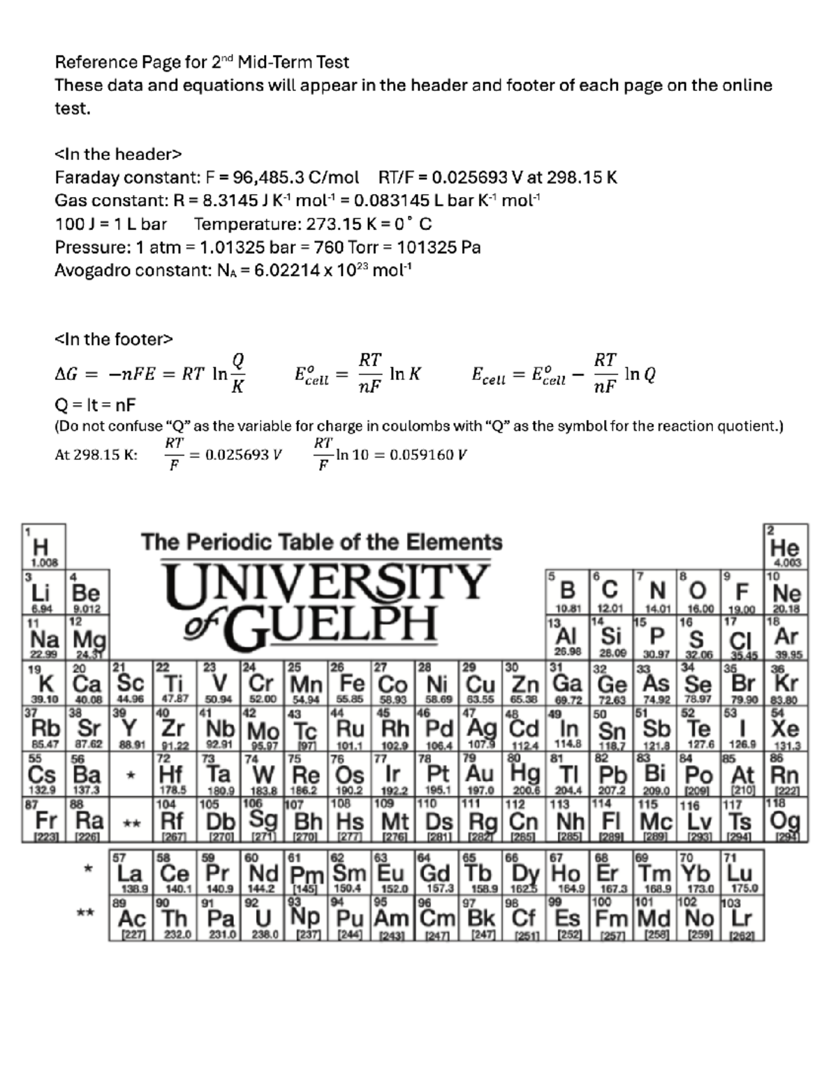 Midterm Print - Reference Page for 2nd Test These data and equations ...