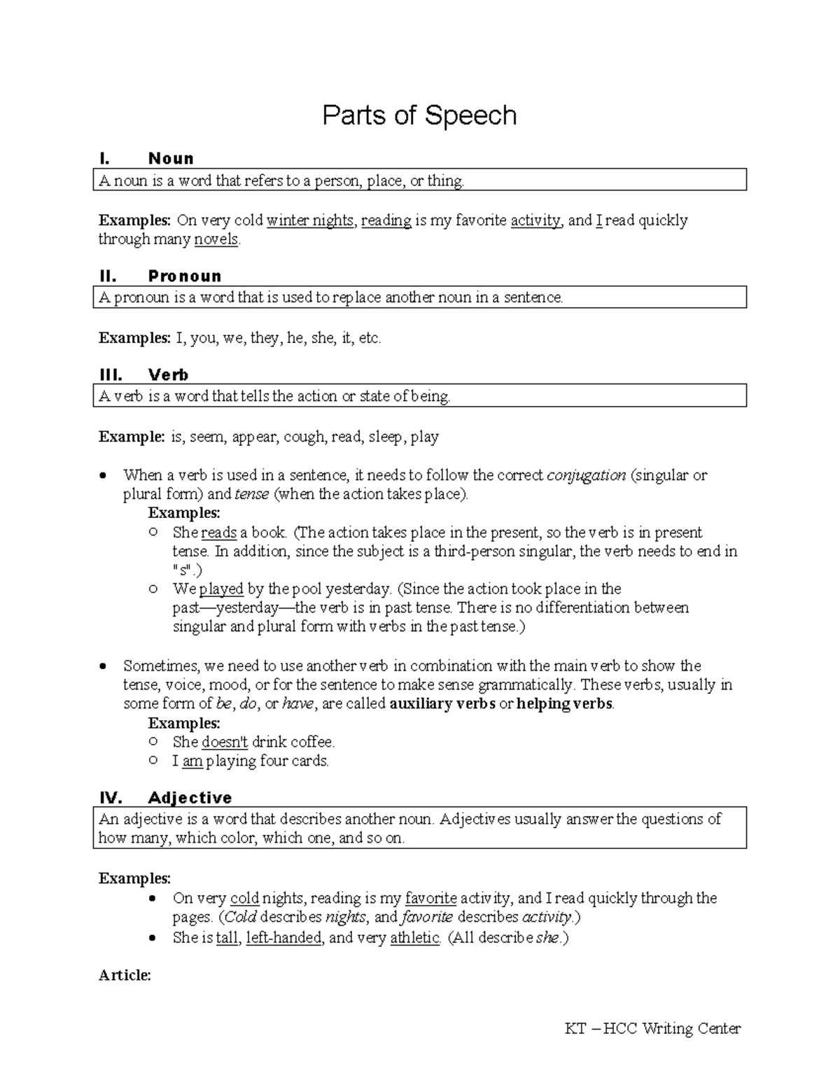 Parts OF Speech Notes - KT – HCC Writing Center Parts of Speech I. Noun ...