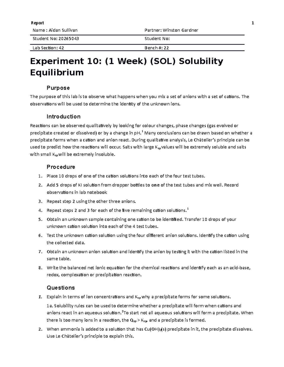 Ionic Equilibrium and Solubility Chemistry Lab 10 Chem 112 queensu