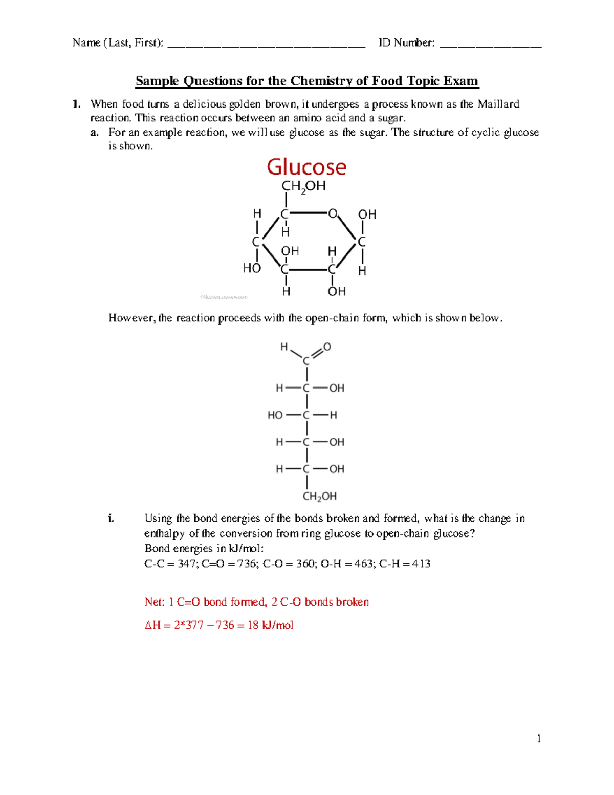 2018 Chemistry of Food Sample Key Sample Questions for the Chemistry