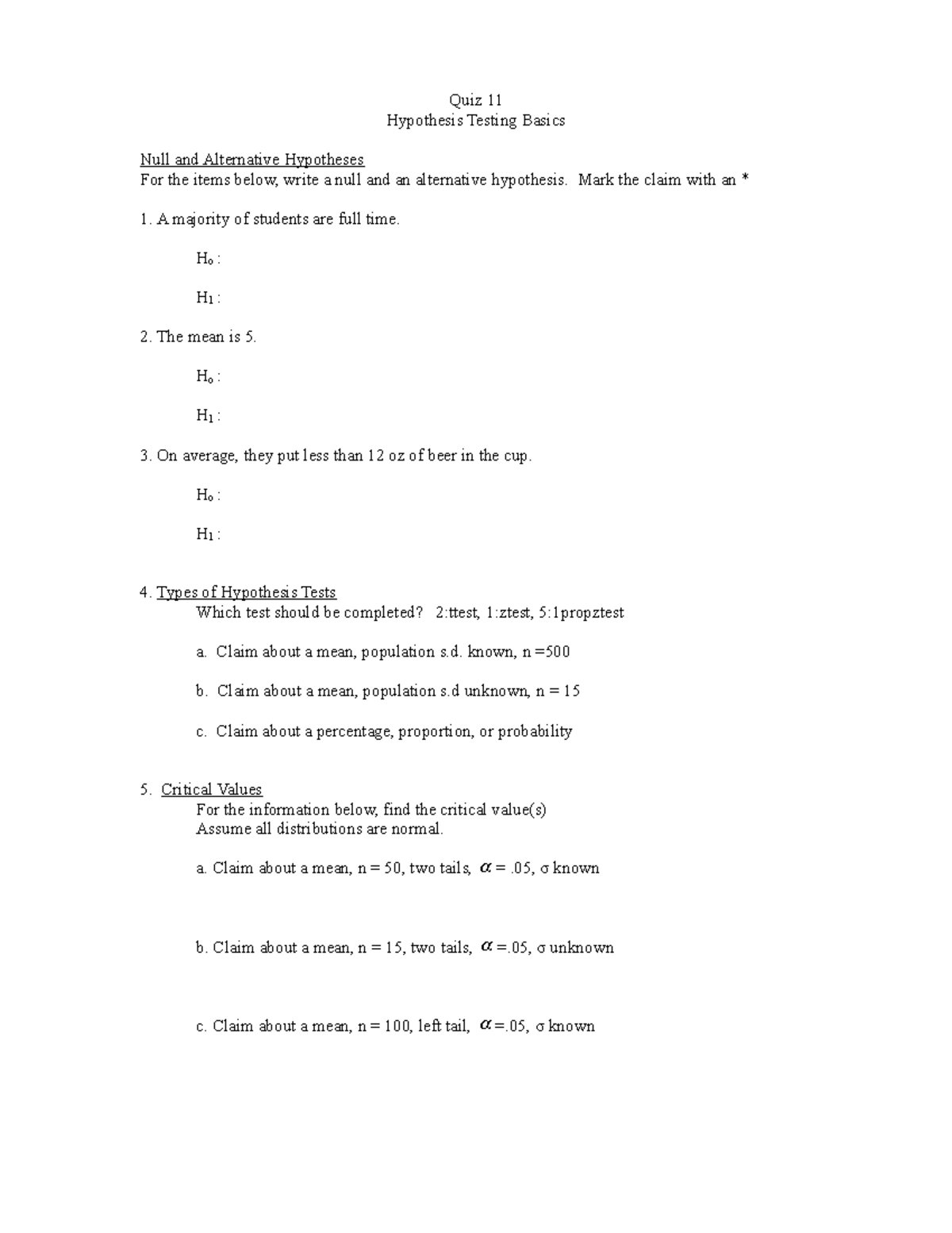 null and alternative hypothesis quiz