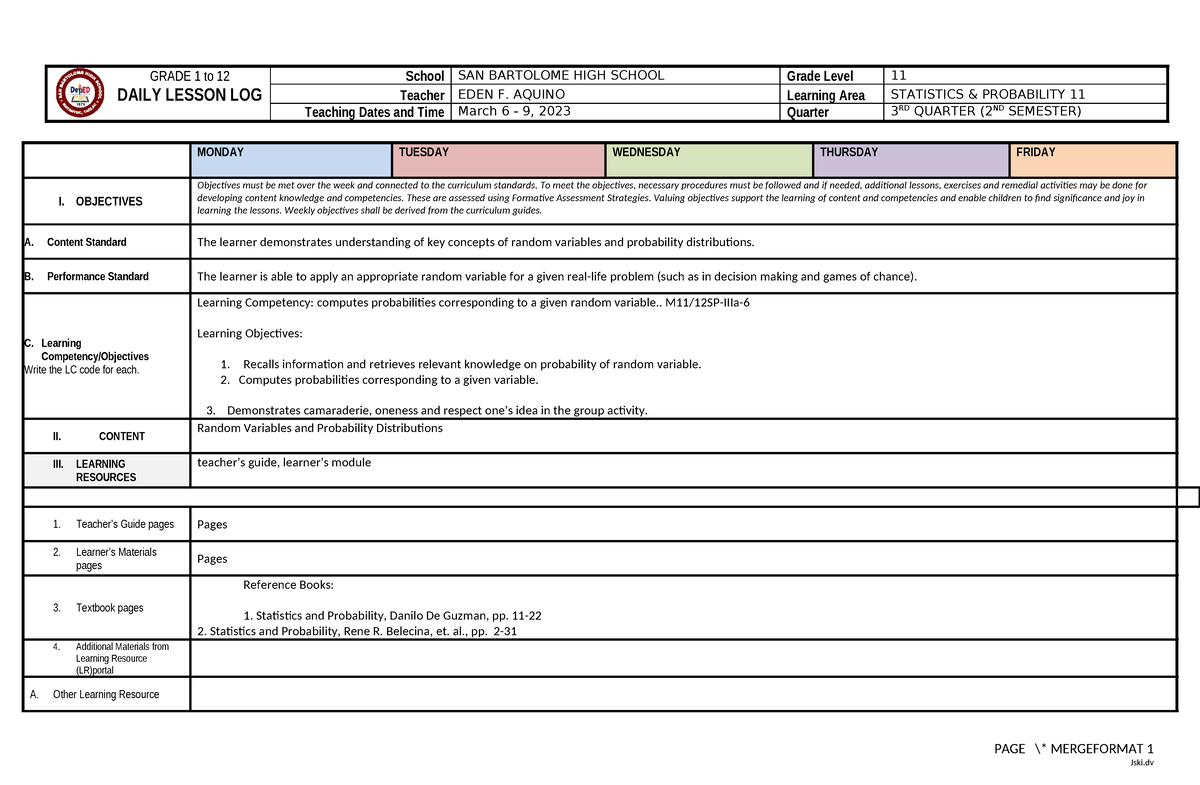 DLL-STAT-4 - dll in statistics - GRADE 1 to 12 DAILY LESSON LOG School ...