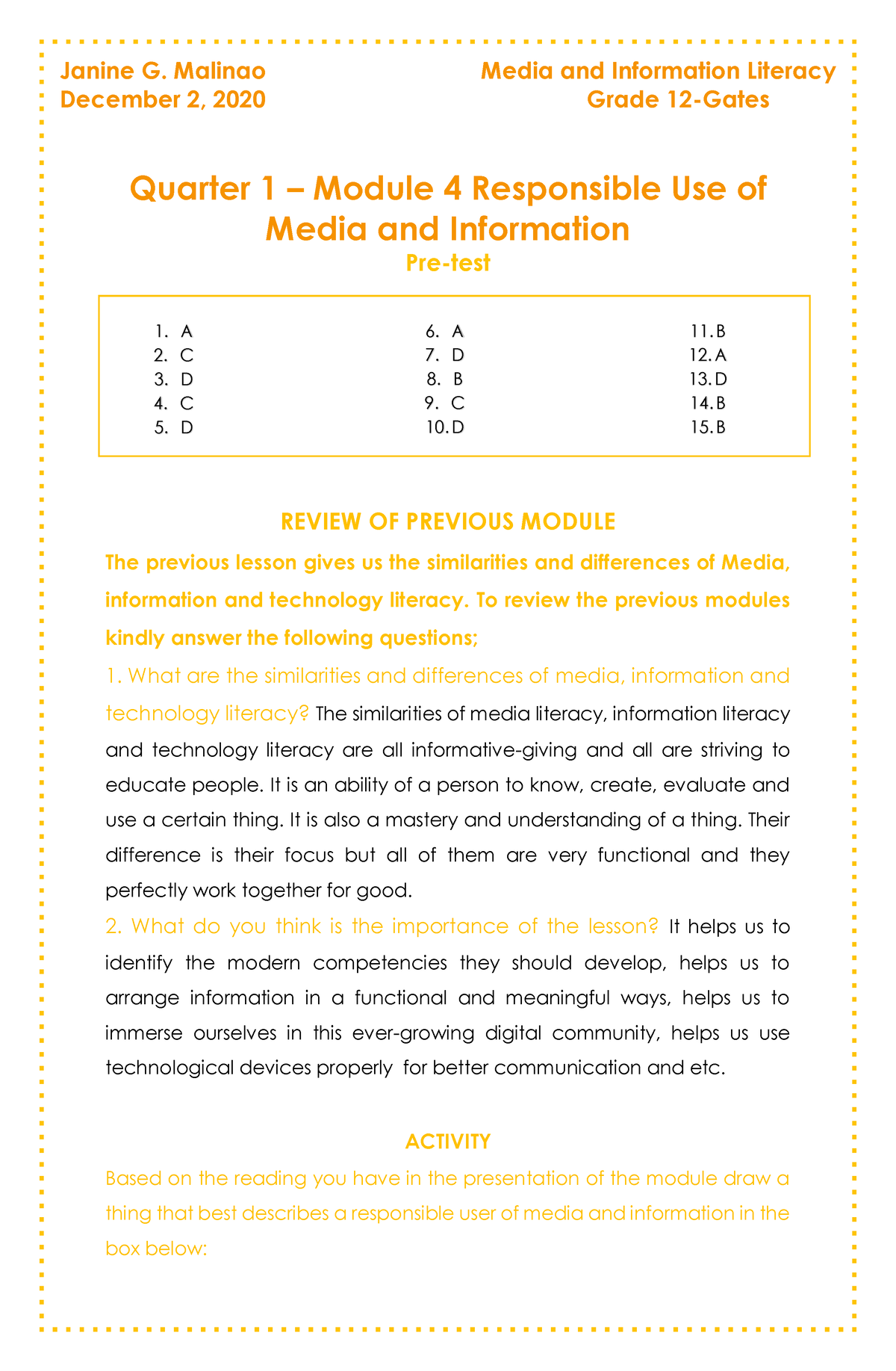 MIL Q1 Module 4 - Quarter 1 – Module 4 Responsible Use Of Media And ...