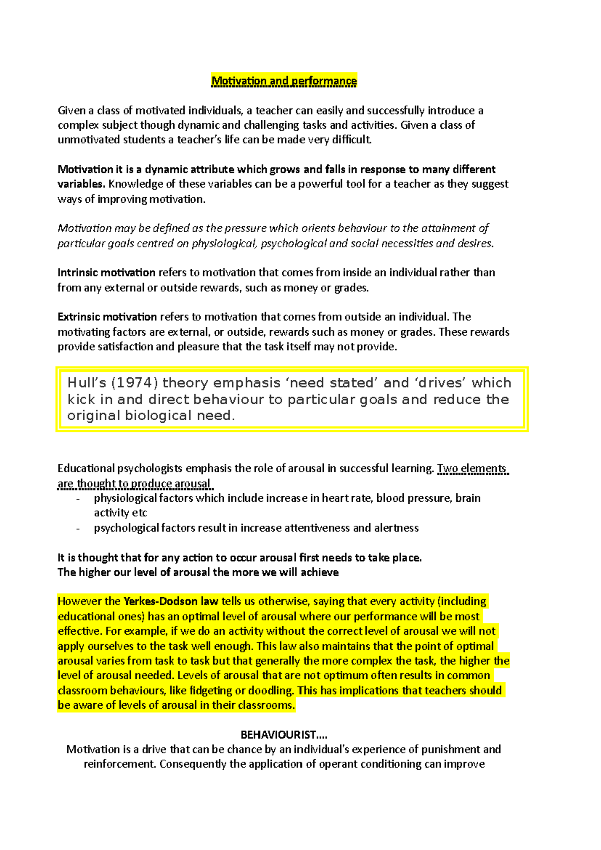 Motivation and performance - Motivation and performance Given a class ...