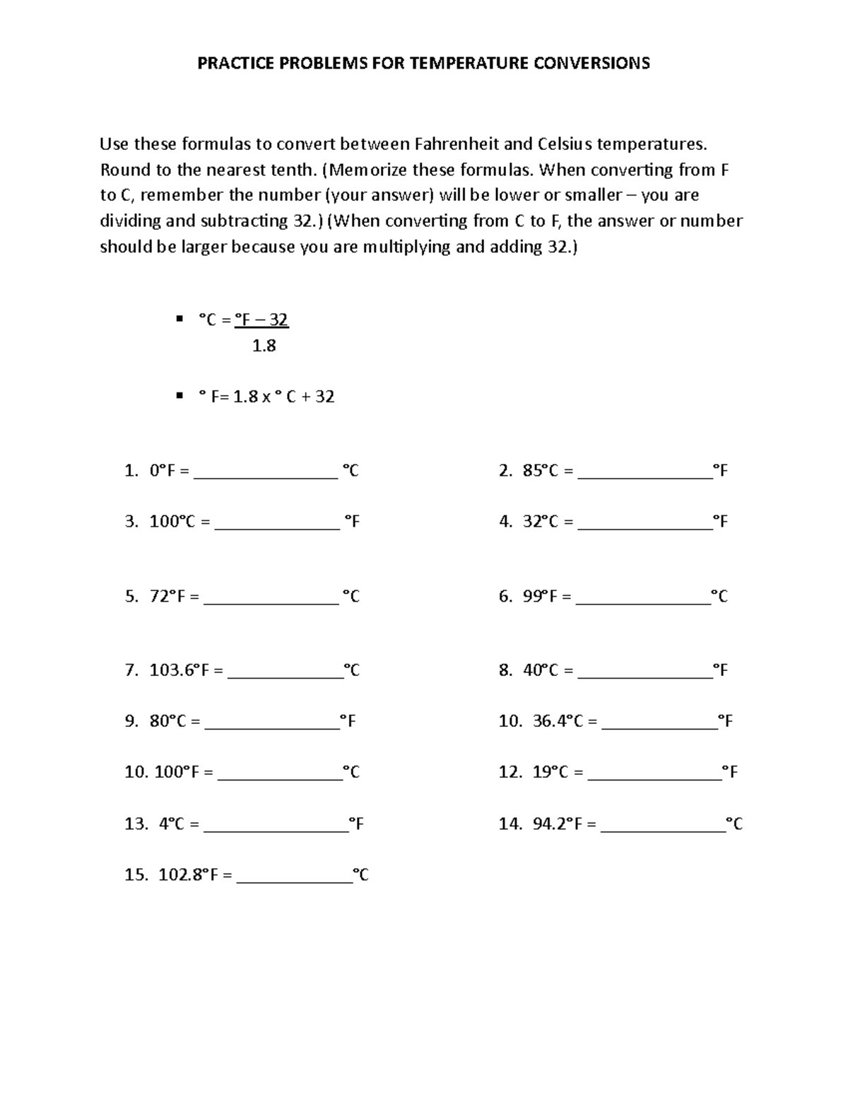 Temperature Conversion Problems - PRACTICE PROBLEMS FOR TEMPERATURE ...