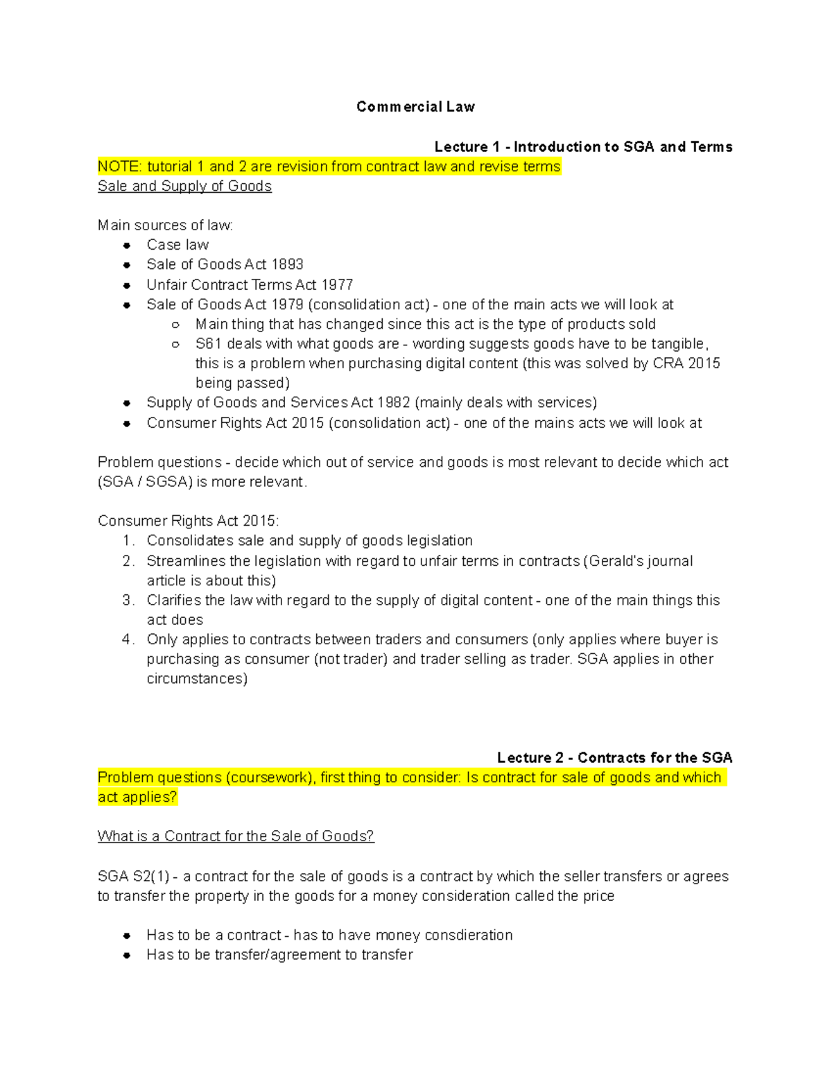 Commercial Law - Lecture notes 1-2 - Commercial Law Lecture 1 ...