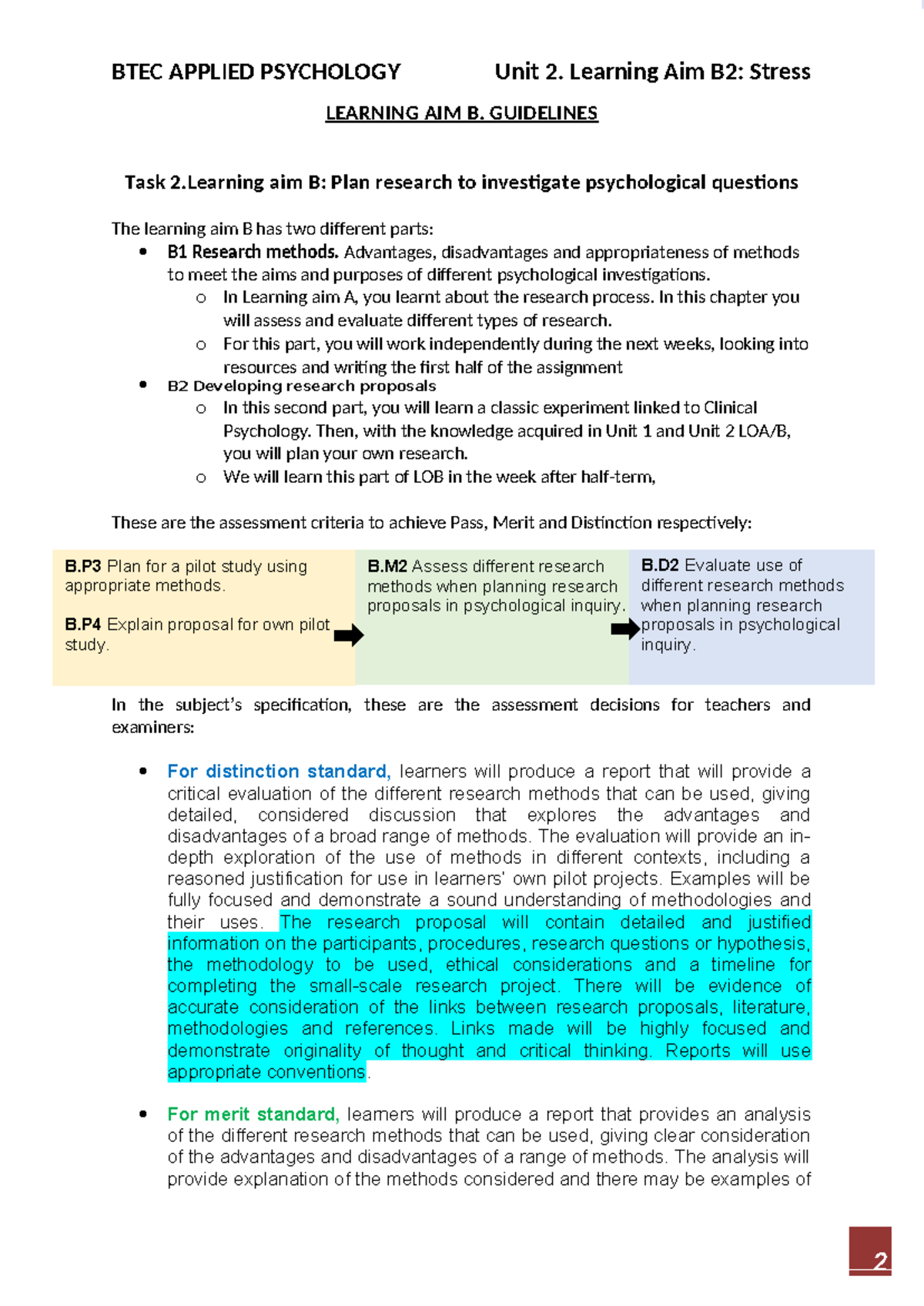 Learning AIM B2 Stress Check List 2023-24 - LEARNING AIM B. GUIDELINES ...