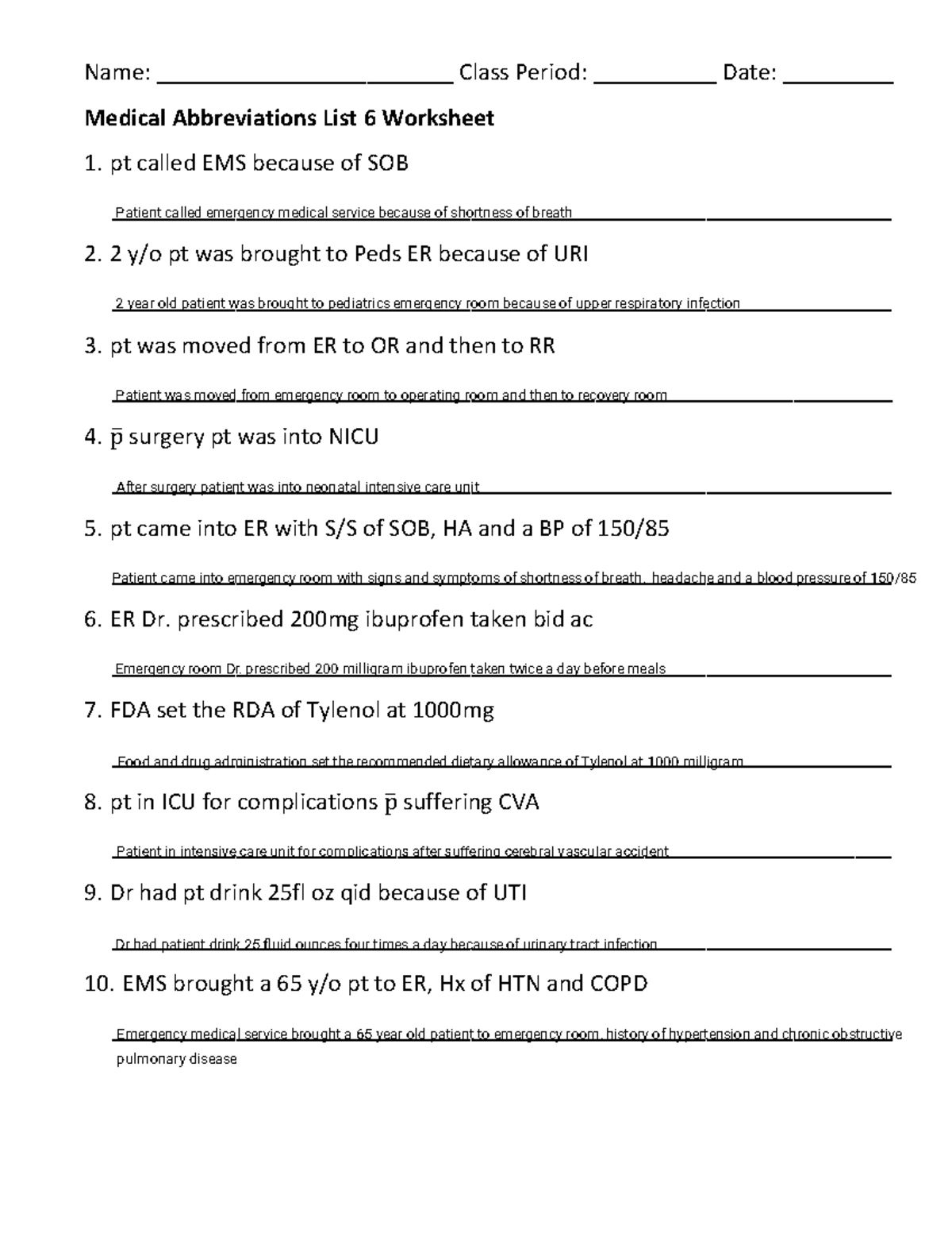 Amariana Taplin - Copy of Medical Abbreviations List 6 Worksheet - Name