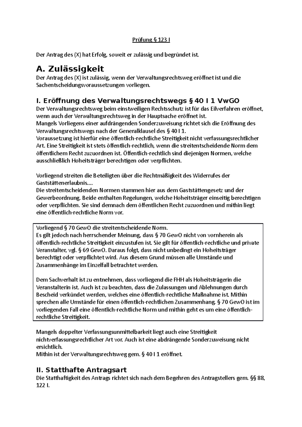 Prüfung § 123 VWGO - Prüfung § 123 I Der Antrag Des (X) Hat Erfolg ...