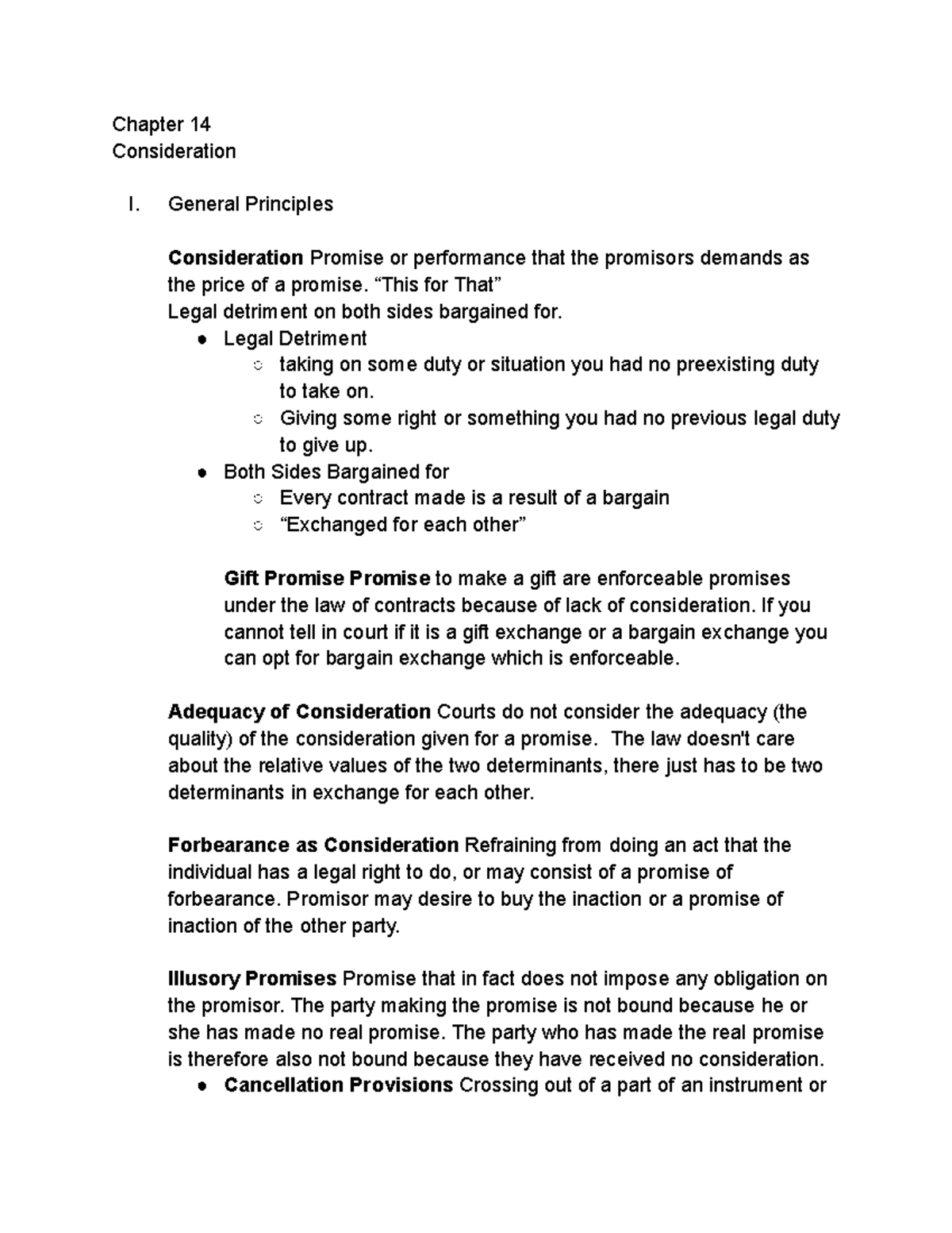 Chapter 14 Consideration - General Principles Consideration Promise or ...