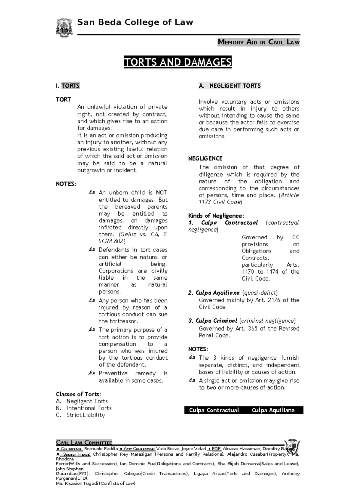 Torts-San-Beda - torts - 215 MEMORY AID IN CIVIL LAW TORTS AND DAMAGES ...