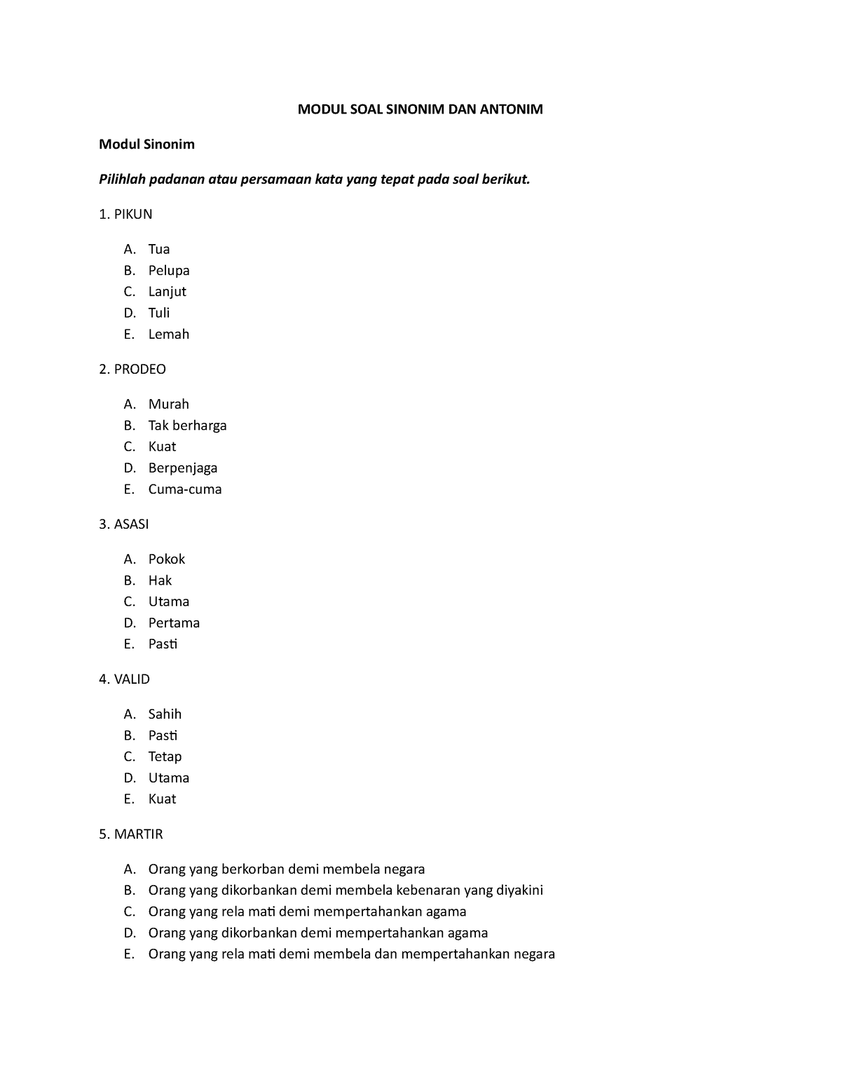 Modul SOAL Sinonim DAN Antonim - MODUL SOAL SINONIM DAN ANTONIM Modul ...