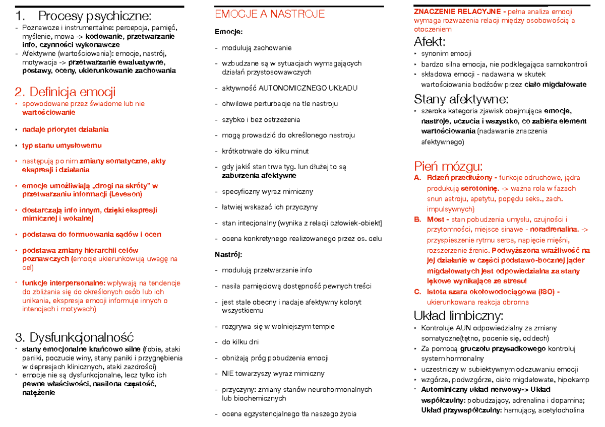 Emocje I Motywacje Powtorzenie - 1. Procesy Psychiczne: Poznawcze I ...