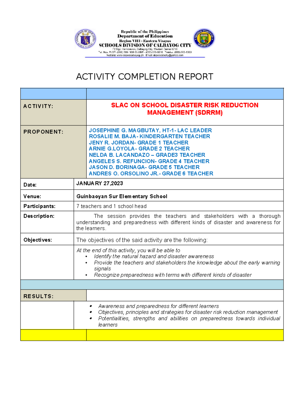 School Learning Action Cell- DRRM - ACTIVITY COMPLETION REPORT ACTIVITY ...