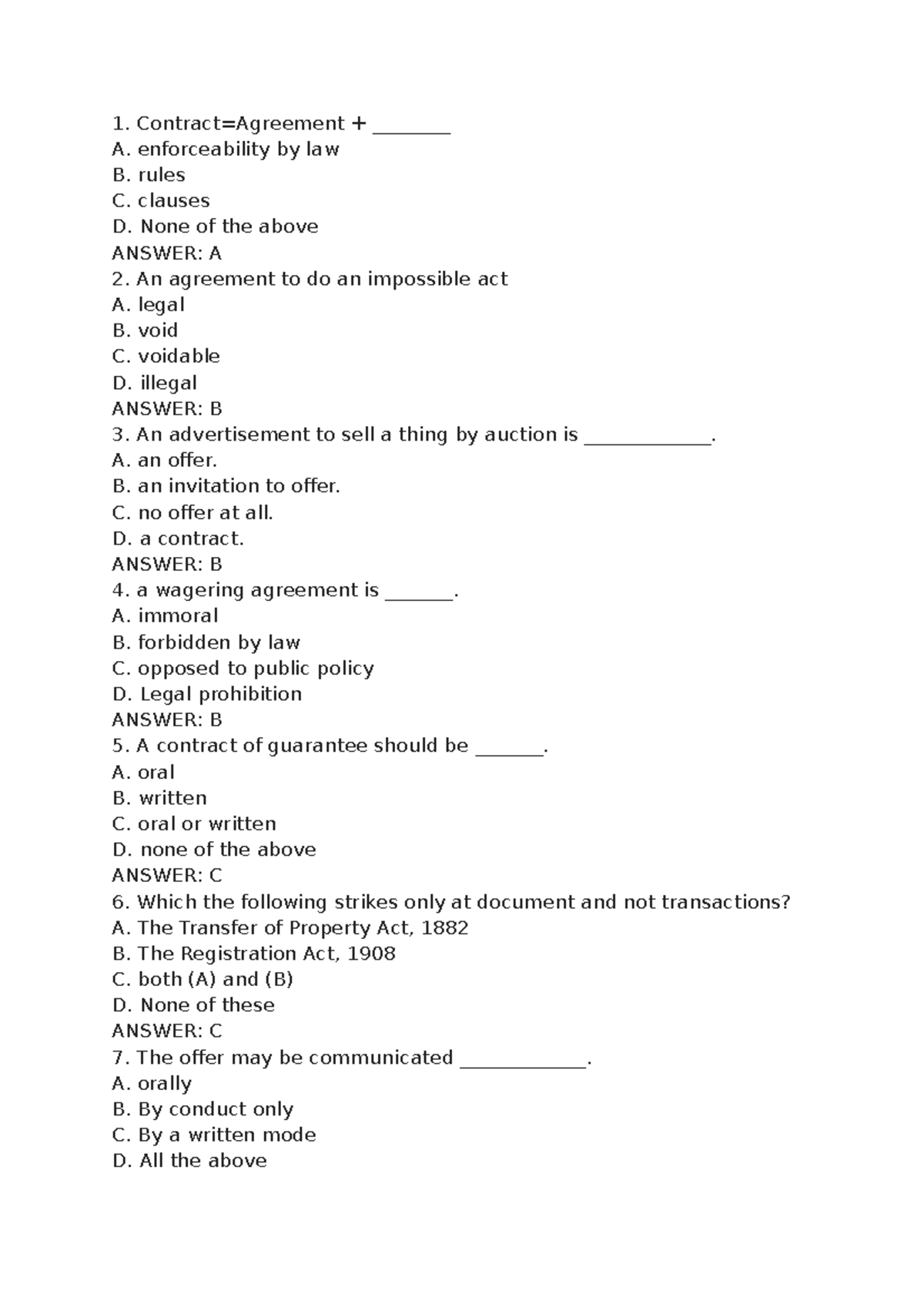 LAW MCQs - Mcq - Contract=Agreement + ________ A. Enforceability By Law ...