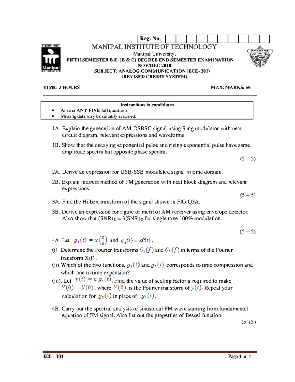 AC 2010 makeup - End semester papers - ECE - 301 Page 1 of 2 Reg. No ...