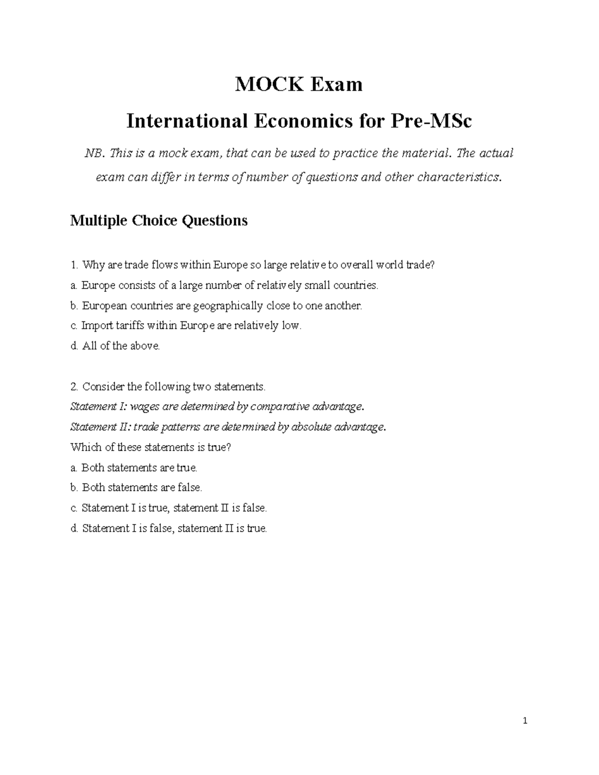 Mock Exam 2021/2022 MOCK Exam International Economics for PreMSc NB
