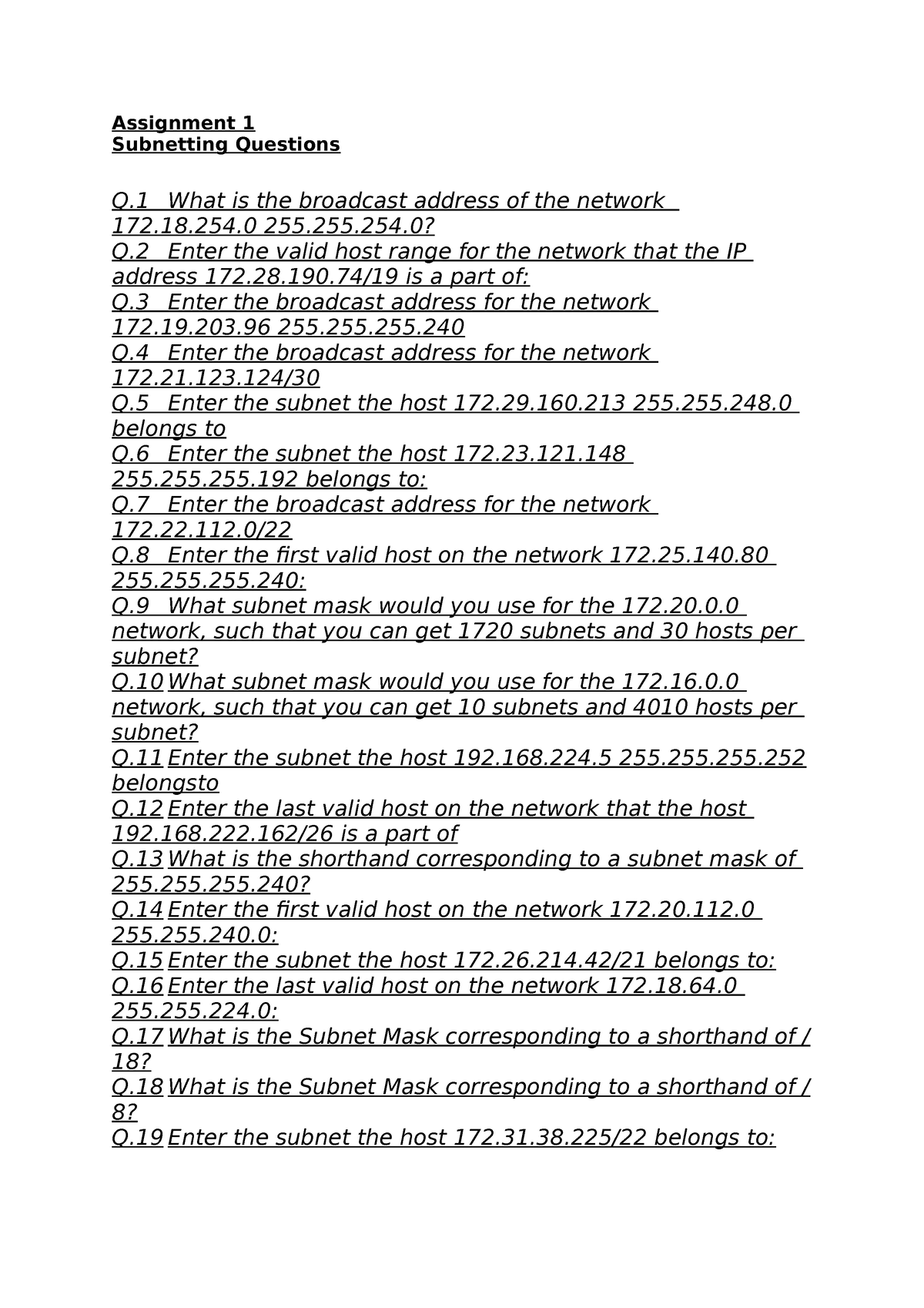 subnetting assignment 1