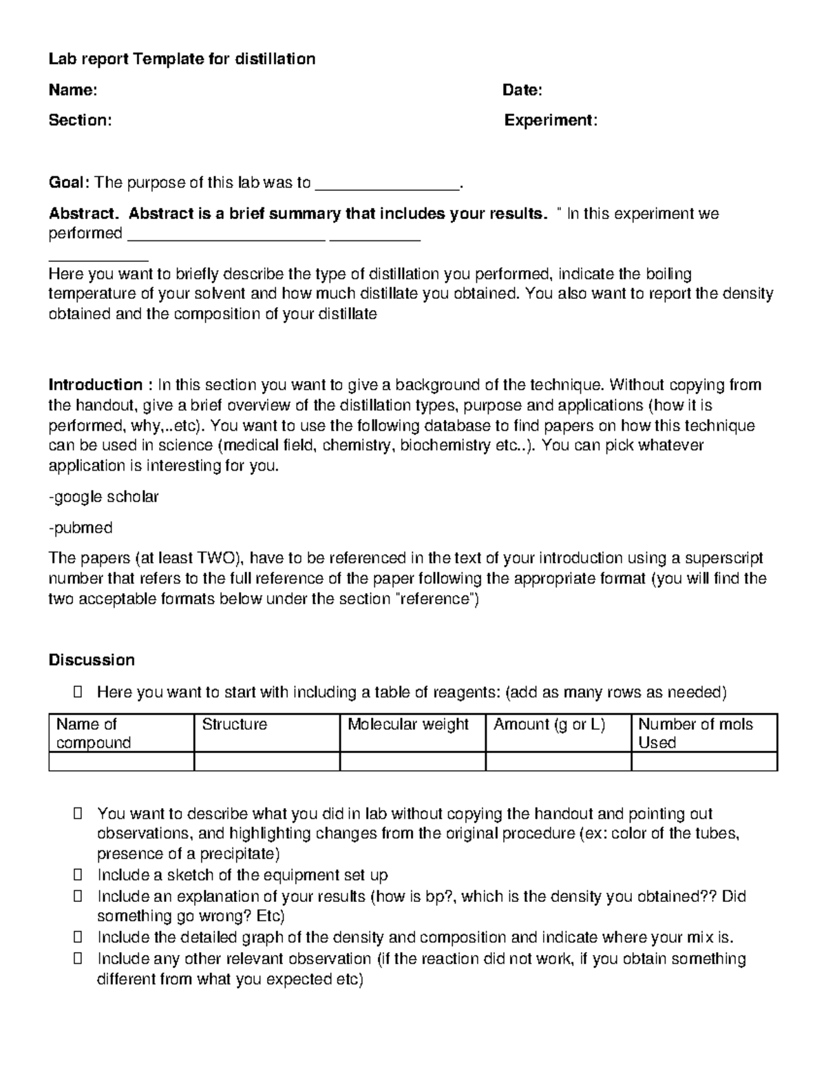 Full Lab report Template for distillation Lab report Template for distillation Name Date