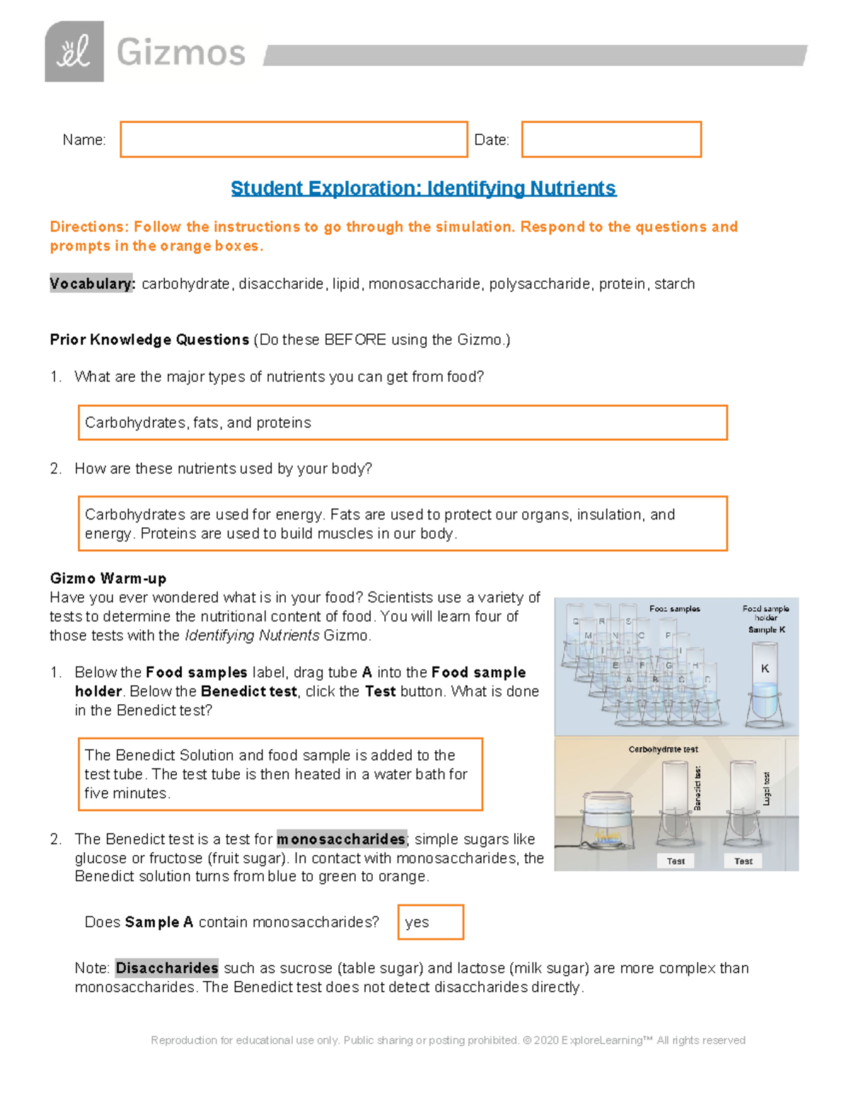 Copy of Identifying Nutrients SE 1 - Name: Date: Student Exploration ...