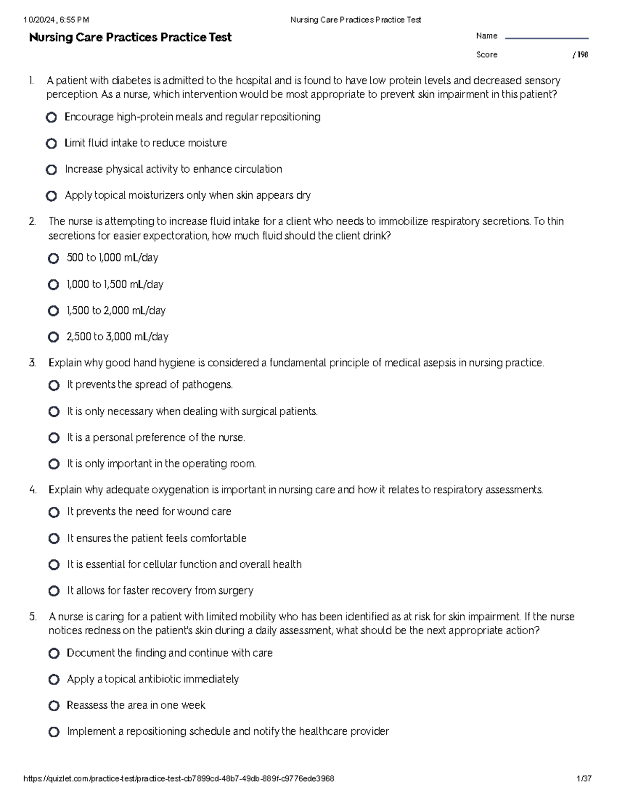NSG122 EXAM 2 Review TEST - Nursing Care Practices Practice Test Name ...